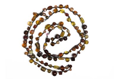 Beaded Necklace - Gold Amber and Brown Beads on Dark Taupe Thread