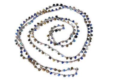 Beaded Necklace - Small Blue Purple and Gold Beads on Silver Thread
