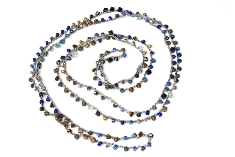 Beaded Necklace - Small Blue Purple and Gold Beads on Silver Thread