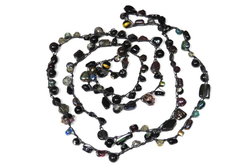 Beaded Necklace - Black Gold and Jewel Tone Beads on Black Thread