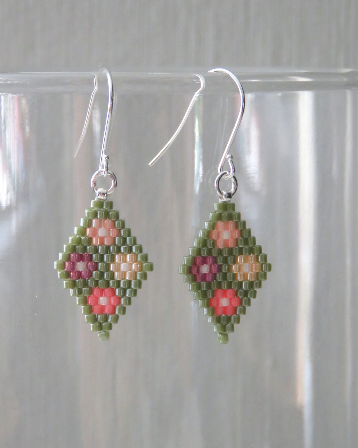Granny Square Blanket Earrings in Soft Green, Pinks, and Creams