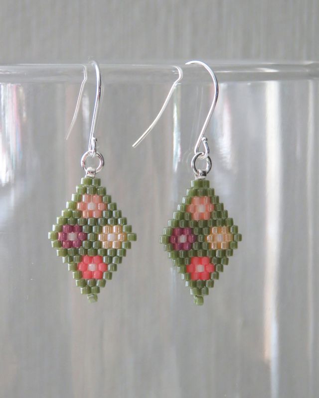 Granny Square Blanket Earrings in Soft Green, Pinks, and Creams