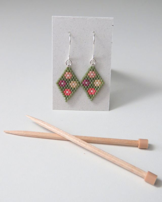Granny Square Blanket Earrings in Soft Green, Pinks, and Creams