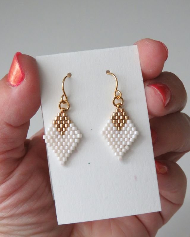 Mitered Square Earrings in Iridescent Pearl and Gold