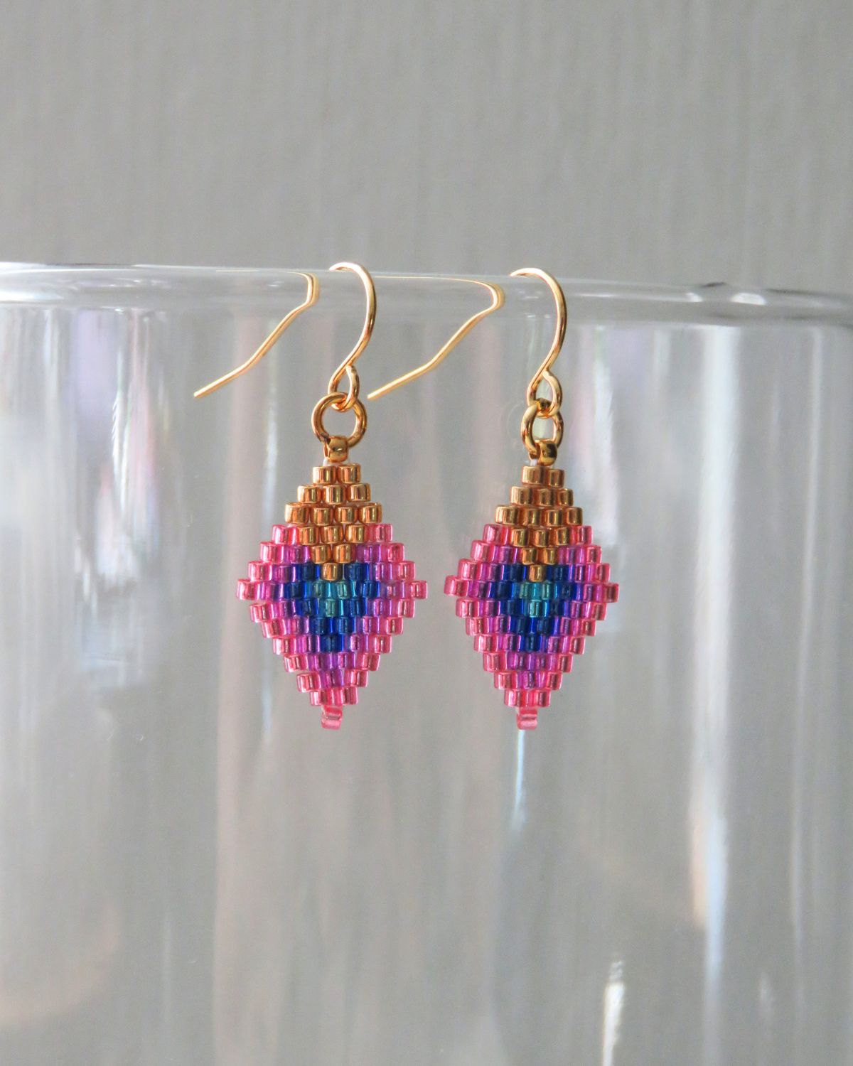 Mitered Square Earrings in Pinks, Blues, Teal, and Gold