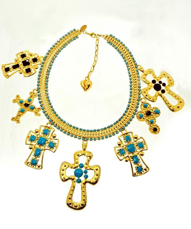 Vintage, Turquoise and Gold, 7-Cross Necklace