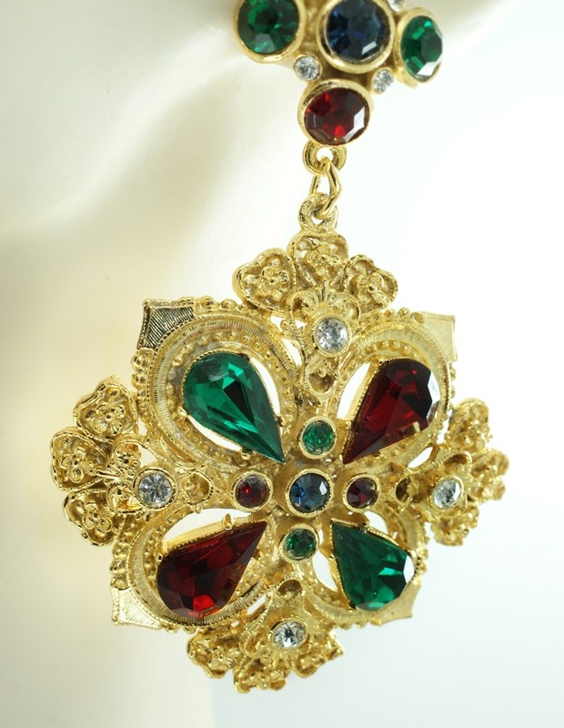 Blue, green and red crystal earrings