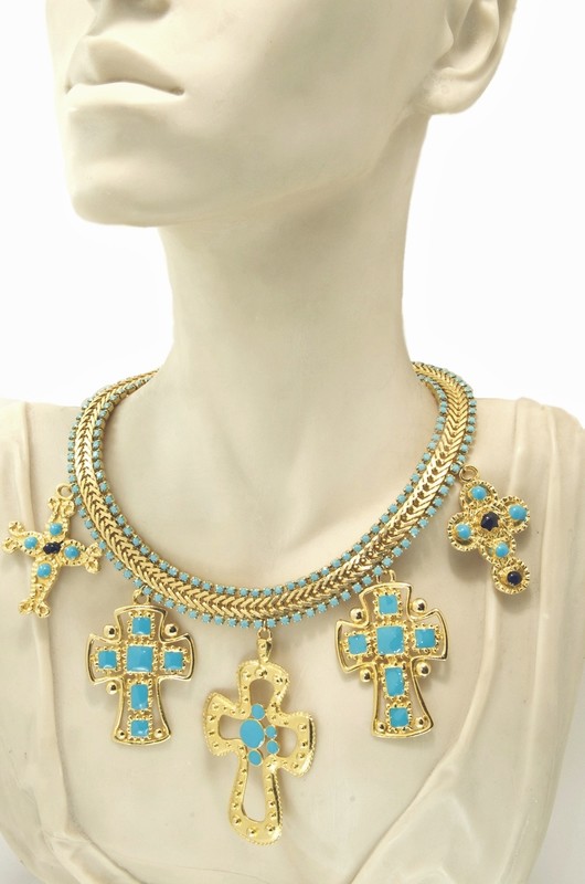 Gold Cross, Turquoise enamelled necklace