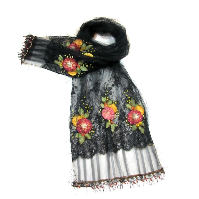 Black Lace Shawl with Orange Appliqué Flowers