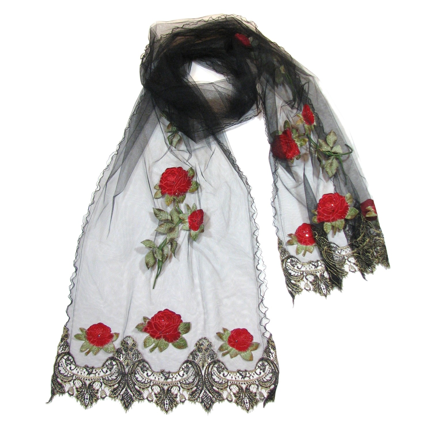 Black Lace Shawl with Appliqué Flowers
