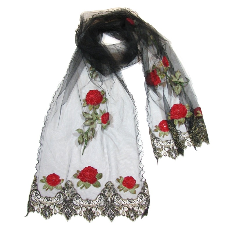 Black Lace Shawl with Appliqué Flowers