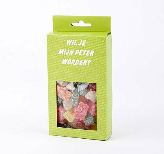 Snoepdoosje 'Wil jij mijn peter worden?' (groen) / 'Wil jij mijn meter worden?' (roze) (niet gepersonaliseerd)