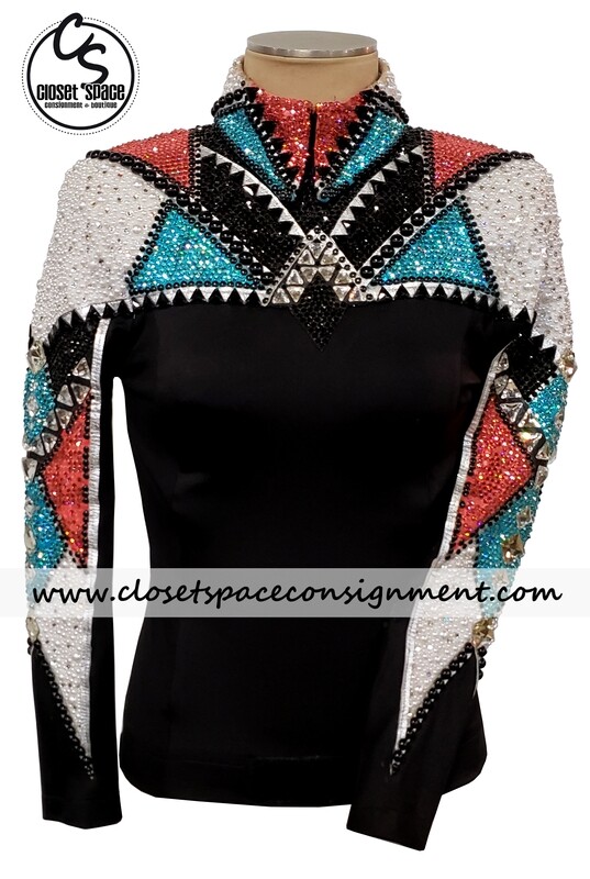 'Kara Langeland' Black, White, Turquoise & Coral Top 'Kara Langeland' Black, White, Turquoise & Coral Top