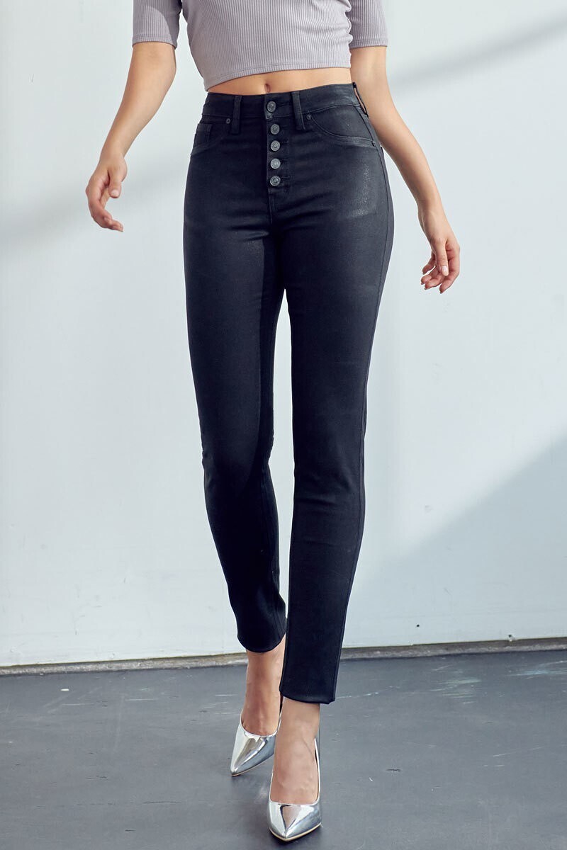 'Kancan' Black Coated High Rise Skinny Button Fly