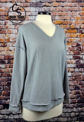 Steel Blue V-Neck Waffle Long Sleeve Top Steel Blue V-Neck Waffle Long Sleeve Top