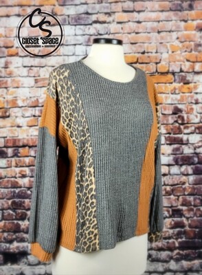 Gray, Rust & Leopard Long Sleeve Top