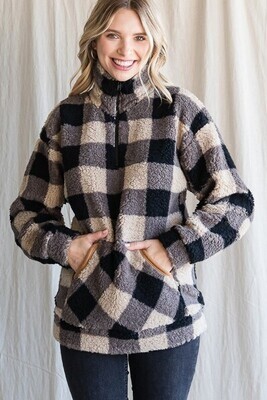 Mocha & Black Plaid Sherpa Half Zip Mocha & Black Plaid Sherpa Half Zip
