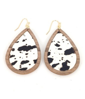 Cow Print Wood Teardrop Earrings