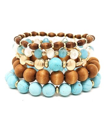 Natural & Turquoise Wood & Stone 5 PC Stretch