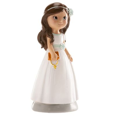 Figura de niña para tarta de comunión con vestido blanco y rosario