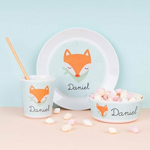 Juego de plato, vaso y Bol personalizado de plástico irrompible