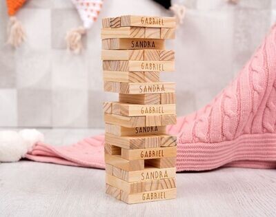 Jenga grabada con nombres y bolsita