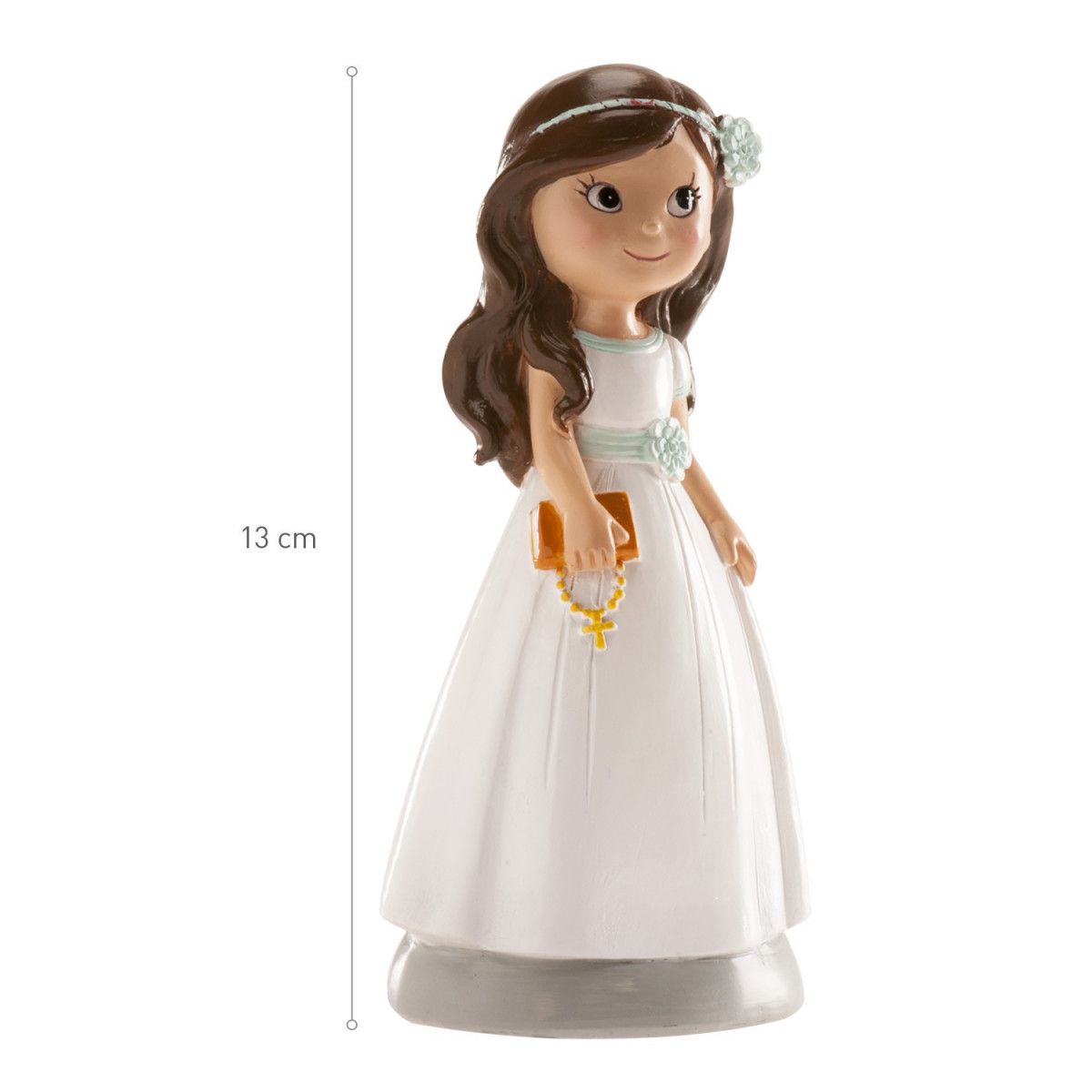 Figura de niña para tarta de comunión con vestido blanco y rosario