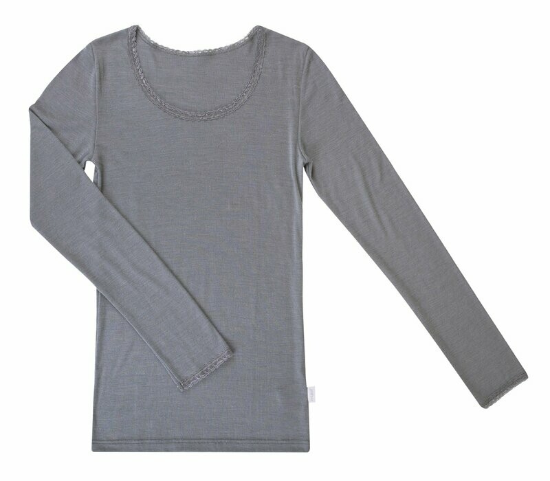 Damen VIKTORIA Shirt mit Spitze Wolle/Seide grau Damen VIKTORIA Shirt mit Spitze Wolle/Seide grau