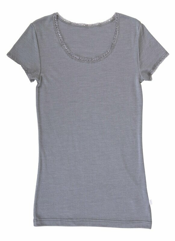 Damen VIKTORIA T-Shirt mit Spitze Wolle/Seide grau Damen VIKTORIA T-Shirt mit Spitze Wolle/Seide grau