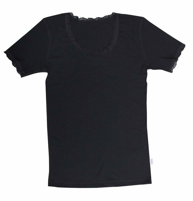 Damen CECILIE T-Shirt mit Spitze Wolle schwarz Damen CECILIE T-Shirt mit Spitze Wolle schwarz