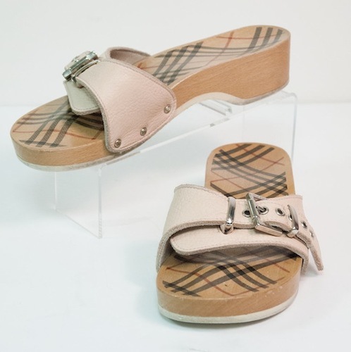 Burberry Light Pink Leather and Wood Clogs Sandals 37