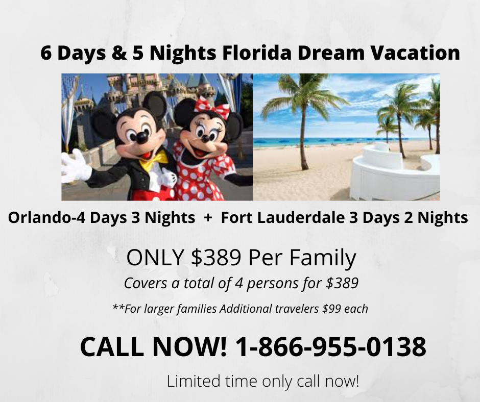 6 Days 5 Nights Orlando & Fort Lauderdale Vacation Package with 5/4 Las Vegas bonus vacation package.
