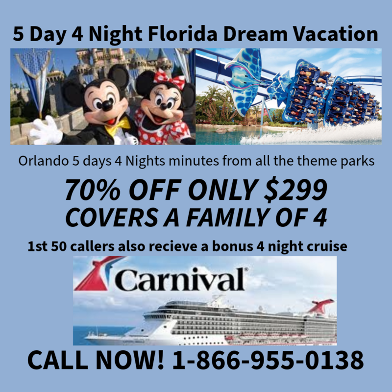Orlando Vacation Package
5 Days 4 Nights minutes from Walt Disney World, Universal Studios, Sea World & Lego land Theme Parks
