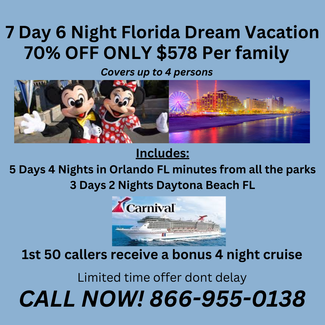 7 Days 6 Nights 5/4 Orlando &amp; 3/2 Daytona Beach Dream Vacation Package with bonus 4 night cruise