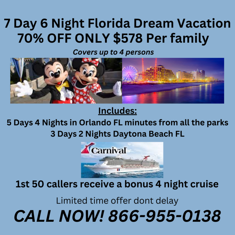 7 Days 6 Nights 5/4 Orlando & 3/2 Daytona Beach Dream Vacation Package with bonus 4 night cruise