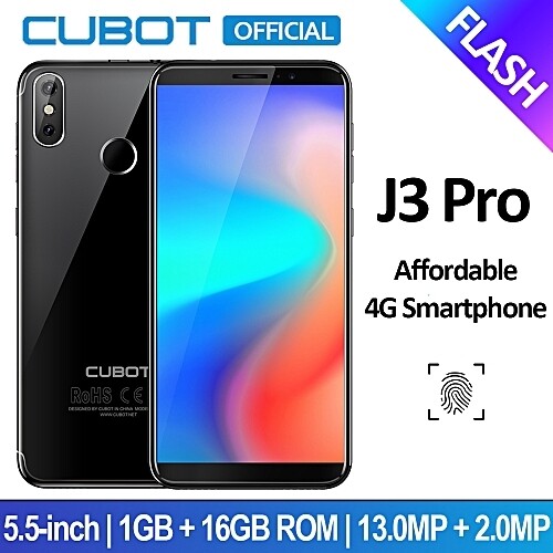 Cubot J3 Pro 5.5-inch (1GB,16GB ROM) Fingerprint (13MP+2MP) + 5MP 4G Smartphone - Black