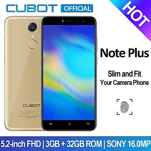 Cubot Note Plus 5.2-inch FHD (3GB,32GB ROM) 16MP + 16MP Android Fingerprint 4G Smartphone - Gold
