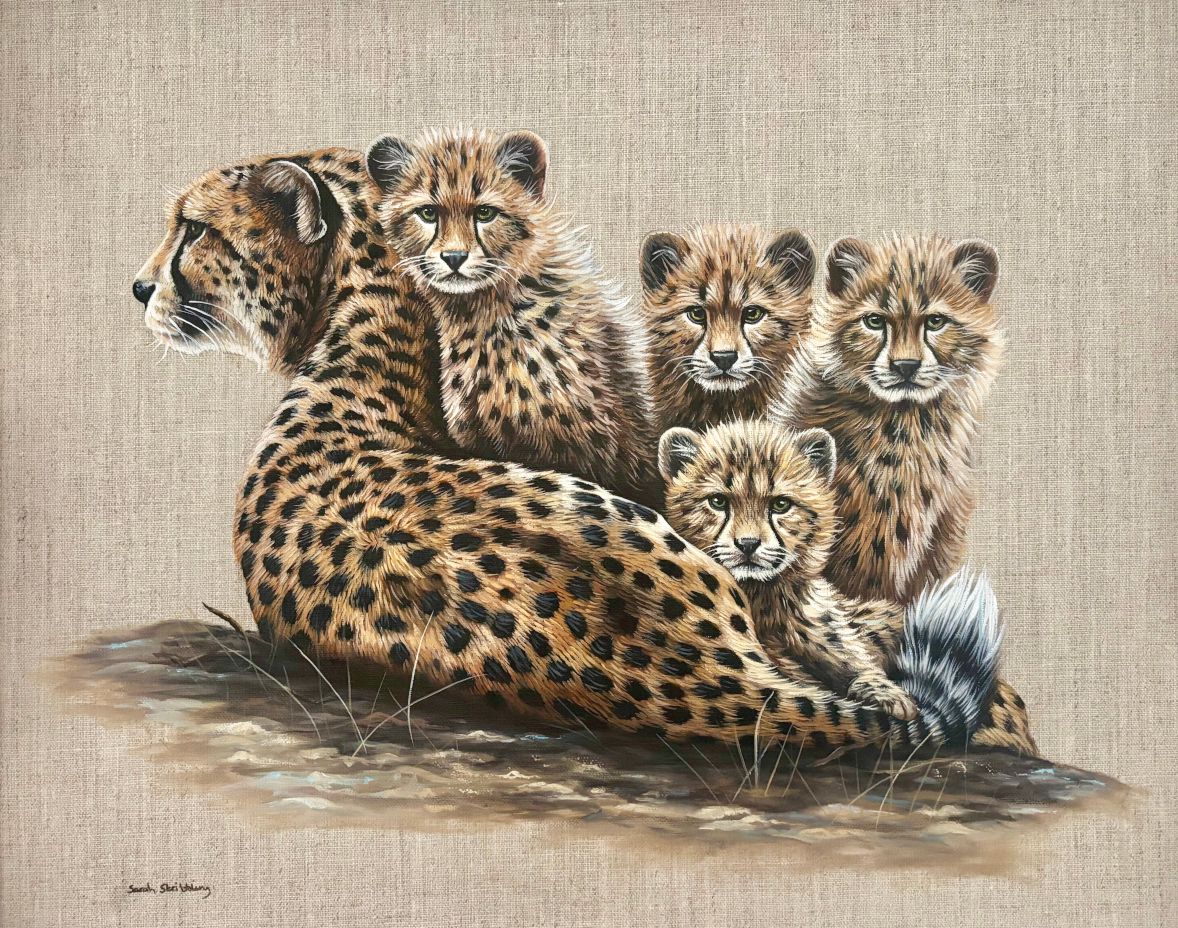 Cheetah and cubs Original oil painting on canvas *FRAMED*