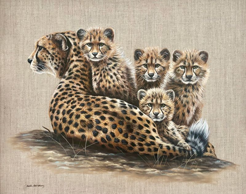 Cheetah and cubs Original oil painting on canvas *FRAMED*