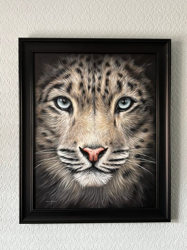 Snow Leopard original FRAMED oil painting. SALE