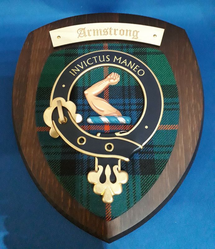 Armstrong Coat of Arms Plaques - Small Shield - 7" x 8" Dark Wood-Modern Tartan