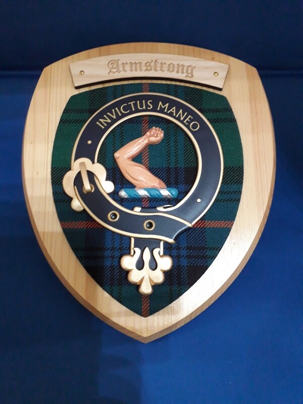 Armstrong Coat of Arms Plaques - Small Shield - 7" x 8" Light Wood-Ancient Tartan