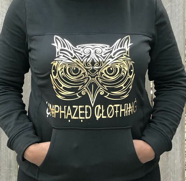 Ladies Unphazed Black Hoodie W/Gold Owl