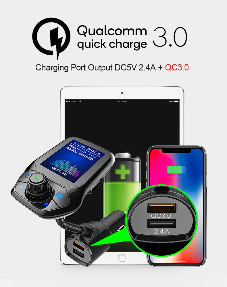 1.8&quot; FM Bluetooth Transmitter with QC3.0 Fast Charge