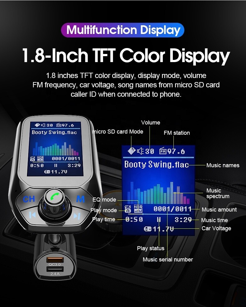 1.8&quot; FM Bluetooth Transmitter with QC3.0 Fast Charge