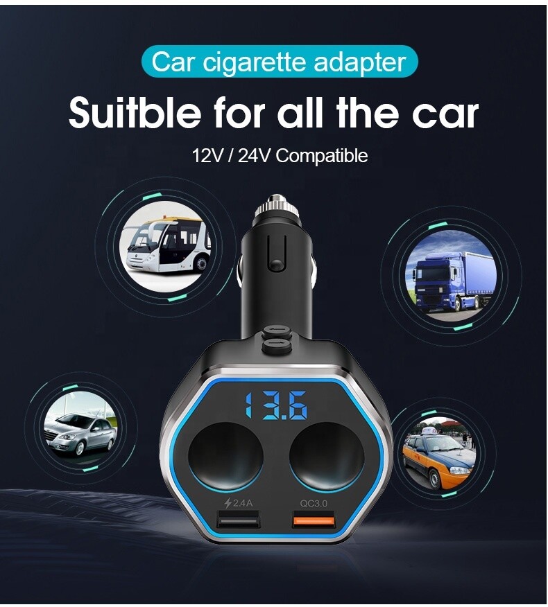 QC3.0 Smart Car Charger, 2 Socket + 2 USB