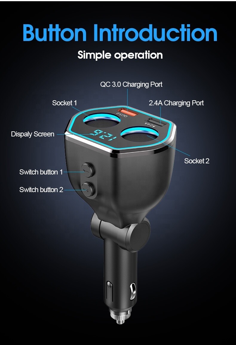 QC3.0 Smart Car Charger, 2 Socket + 2 USB