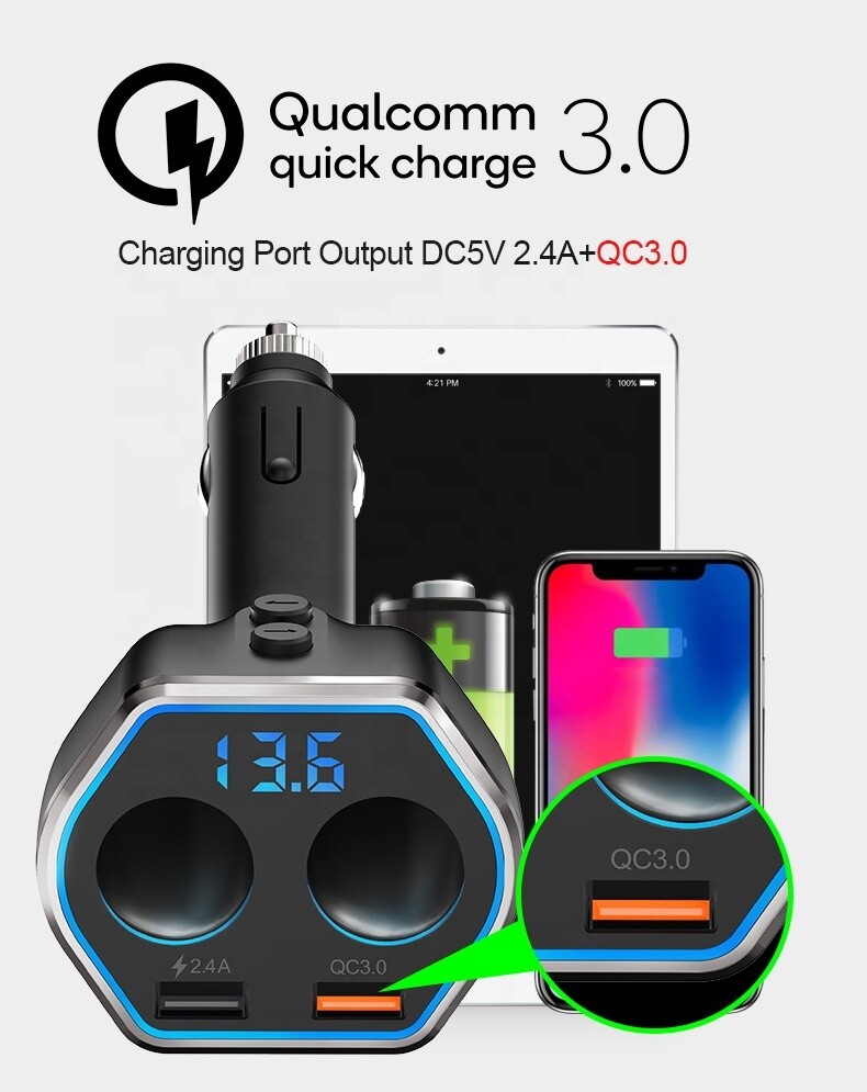 QC3.0 Smart Car Charger, 2 Socket + 2 USB