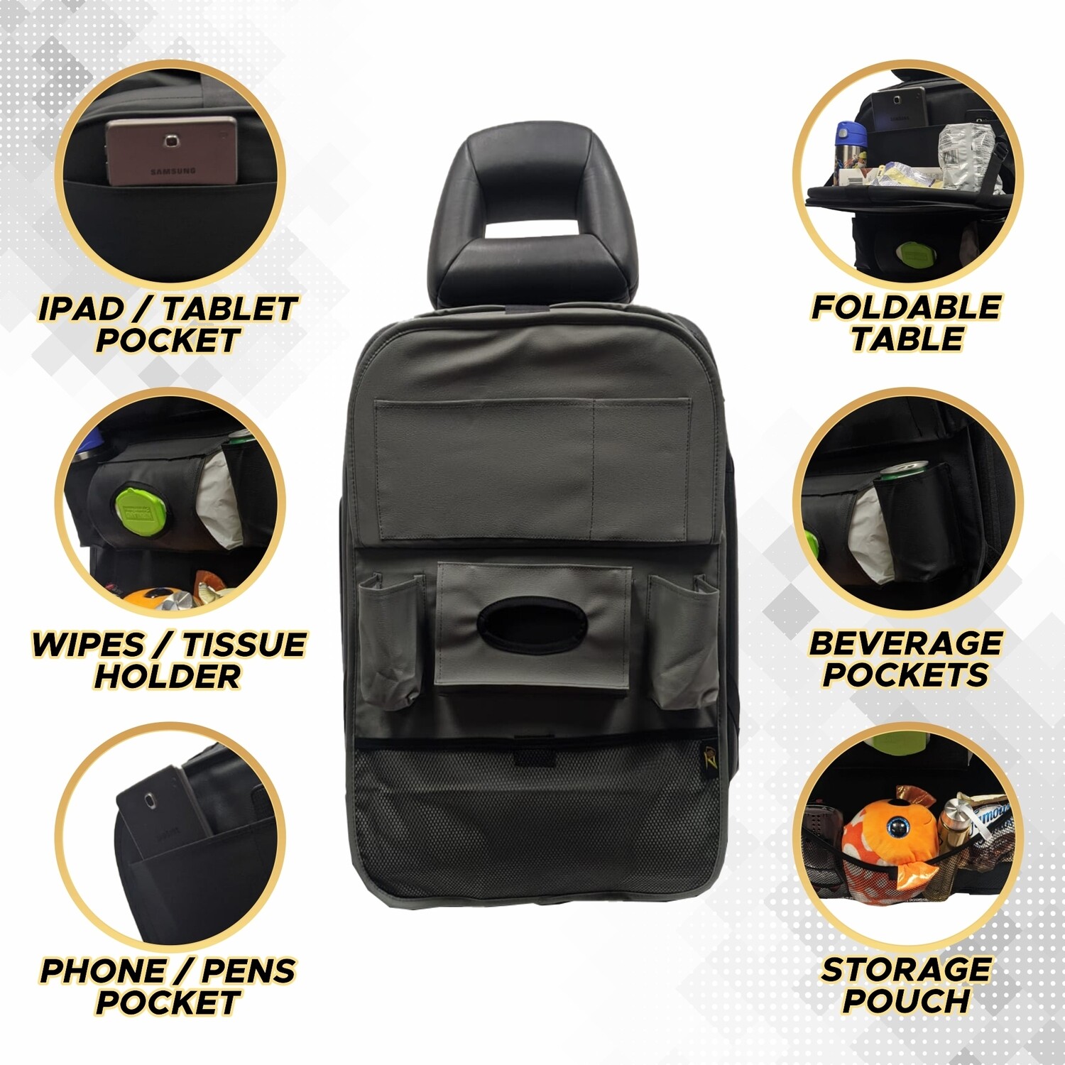 Car Backseat Organizer with Table Tray - Grey - 1 PACK