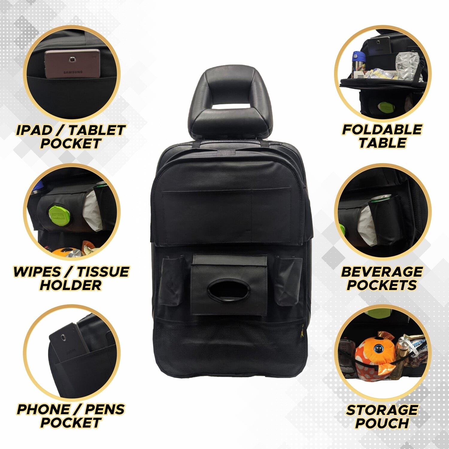 Car Backseat Organizer with Table Tray - Black -1 PACK